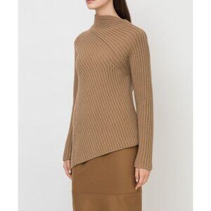 NWT $1450 Jil Sander Asymmetric Ribbed Wool Blend Sweater Dark Beige Sz 0